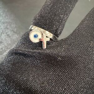 Sterling silver evil eye and cross charm ring